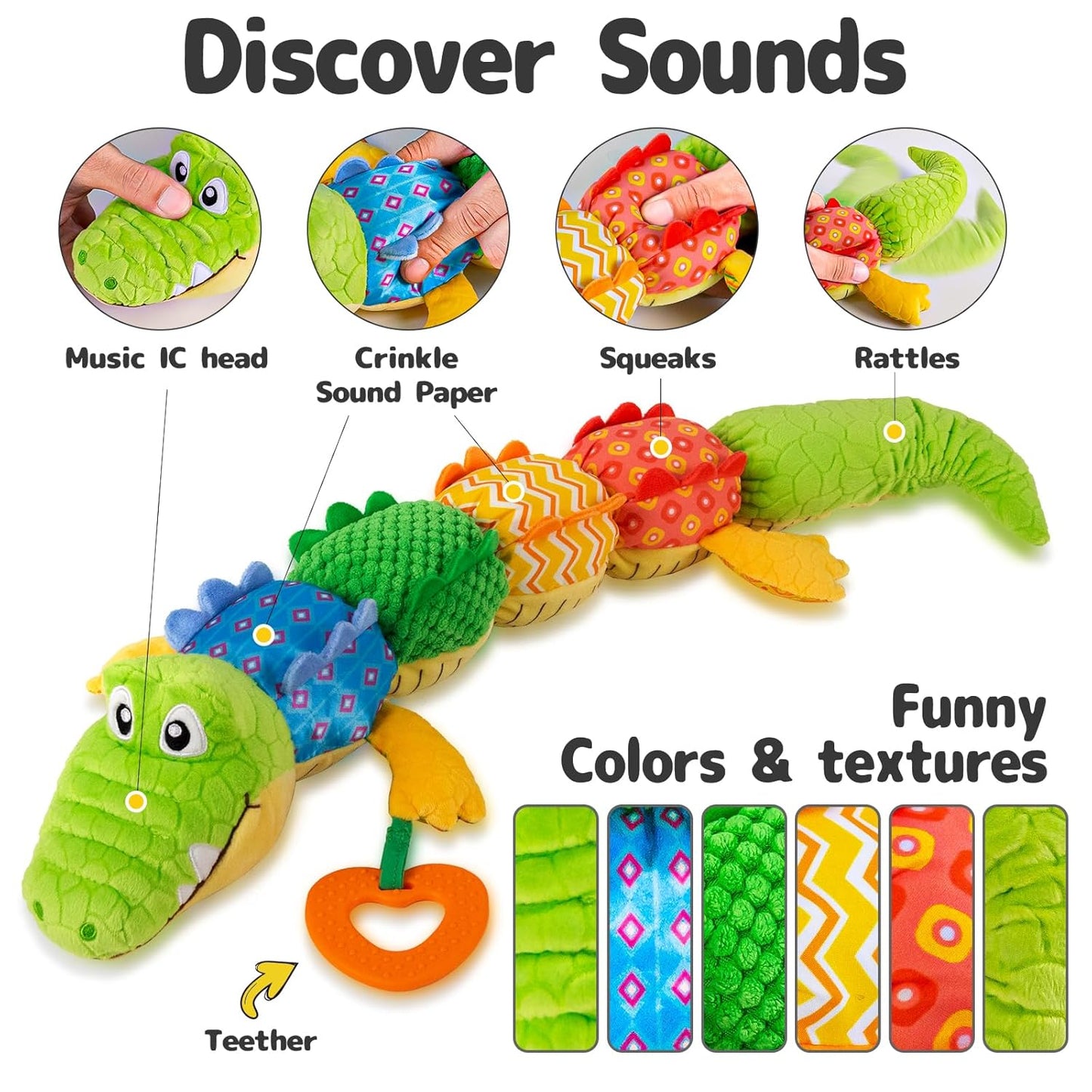 Sumobaby Infant Baby Musical Stuffed Animal Activity Soft Toys with Teether, Multi-Sensory Crinkle, Rattle and Textures, for Tummy Time Newborn 0-3-6-12 Months Boys, Girls, Crocodile (Alligator)