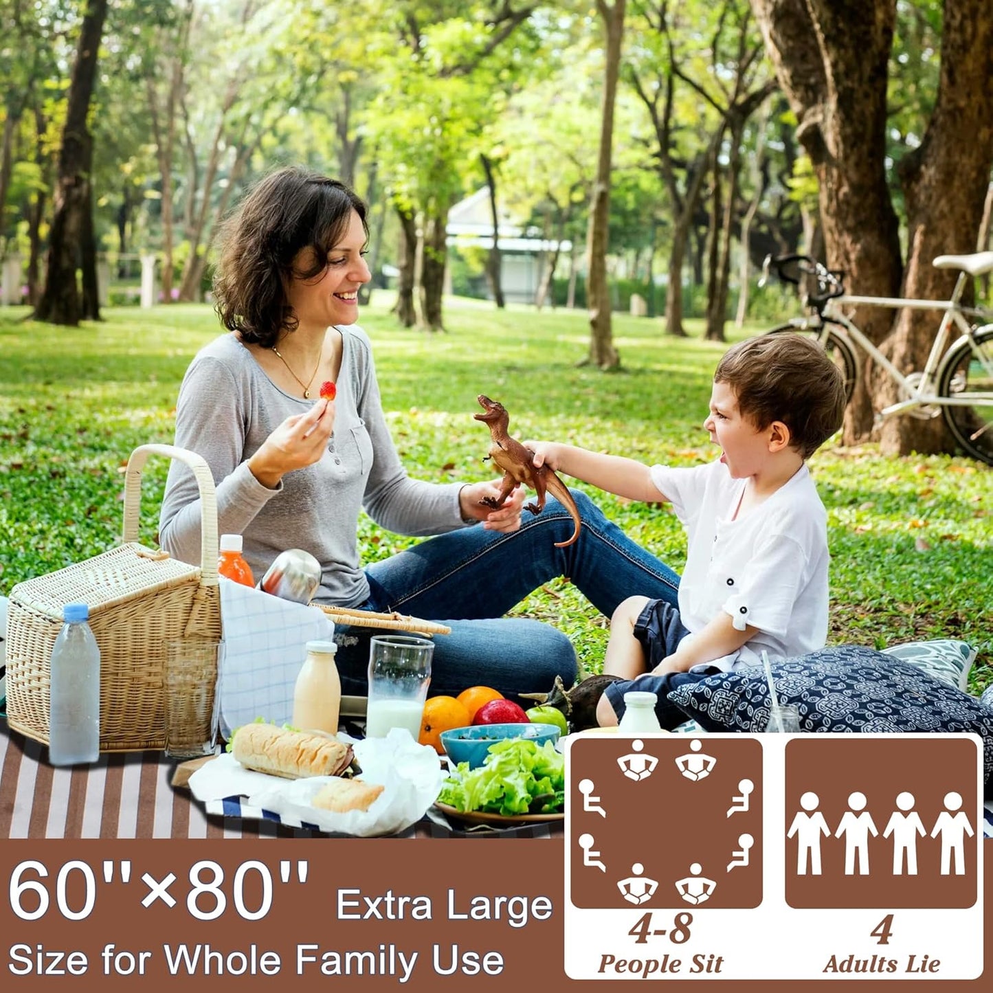 Striped Picnic Blanket Waterproof & Sand Proof, 5-Layer Beach Blanket Portable with Carry Strap, Extra Large Foldable Picnic Rug Machine Washable for Camping Party,Wet Grass,Kids Playground