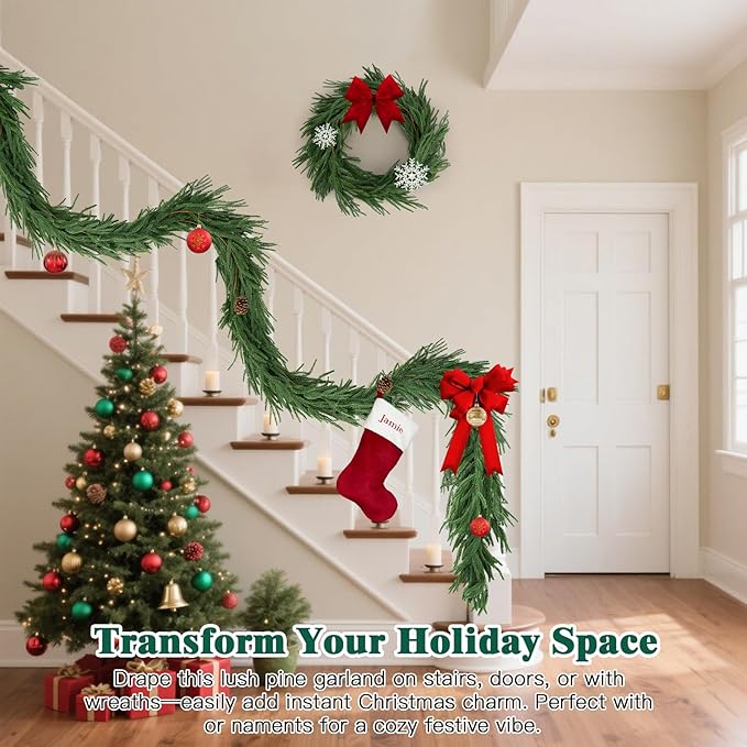 12FT（2 * 6FT）Norfolk Pine Garlands, Christmas Cedar Garland, Real Touch Faux Green Garlands, Winter Artificial Greenery Garland for Mantle, Stairs, Table, Fireplace, Indoor & Outdoor Xmas Decorations