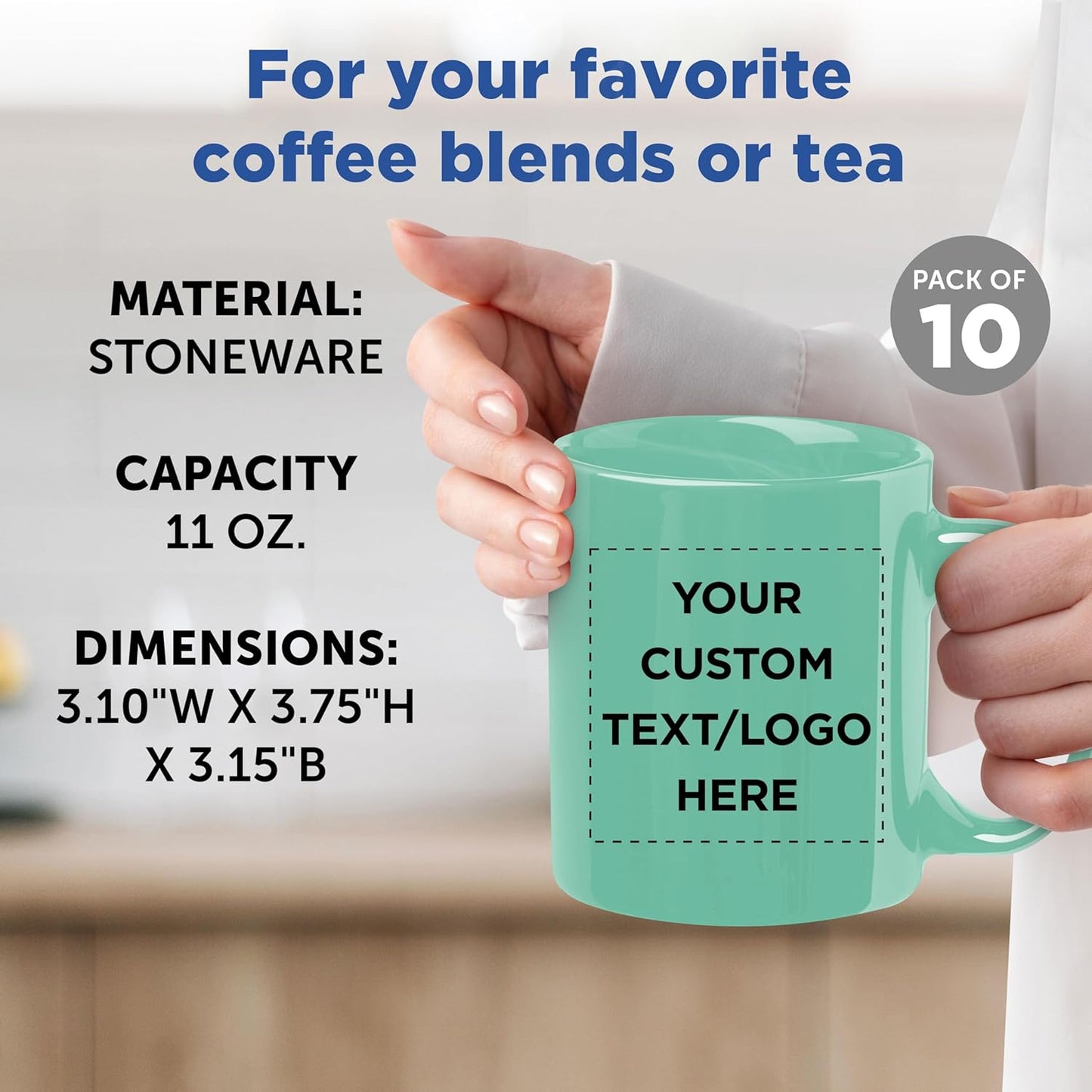 Custom Ceramic Coffee Mugs 11 oz. Set of 10, Personalized Bulk Pack - Coffee cup set, Iced coffee cup, Gaming mug - Tiffany Teal