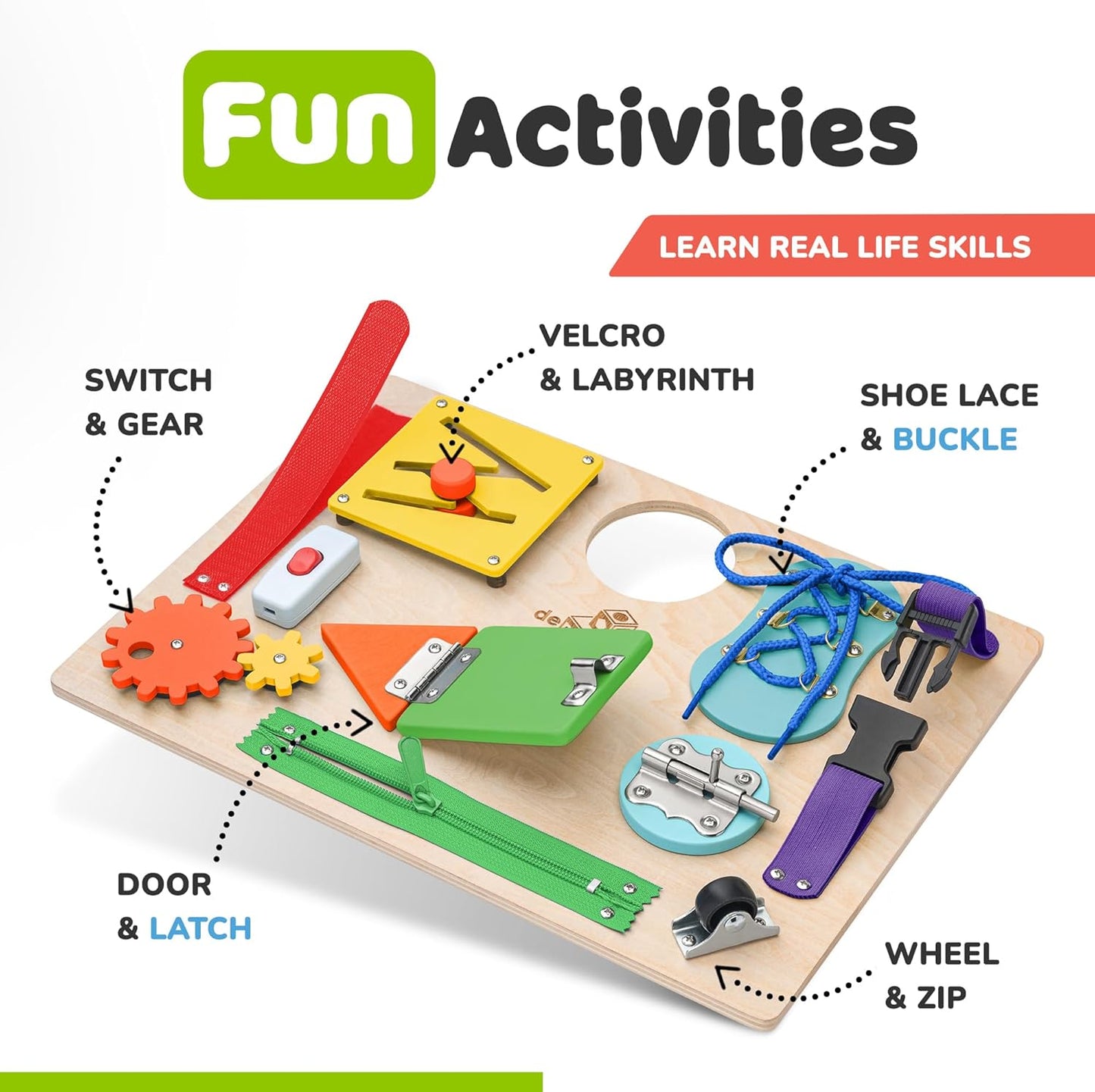 Montessori Busy Board for Toddlers, Premium Wooden Toddler Busy Board for 1 2 3 Year Old with 10 Educational Activities for Fine Motor Skills, Sensory Activity Toy for Travel, Gift for Boys & Girls