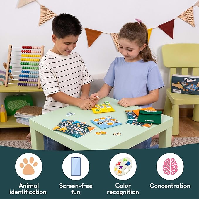 BONNYCO Tic Tac Toe Game Pack 16 Jungle Animals Kids Party Favors Safari Goodie Bags Stuffers for Kids 3-5 4-8, Goody Bag Stuffers Pinata | Return Gifts for Birthday Party, Mini Games Bulk Travel