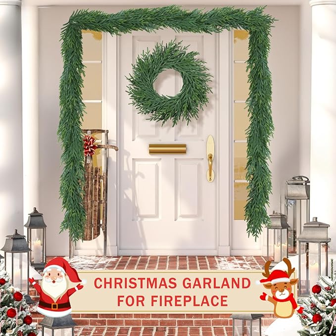 16 Ft Christmas Cedar Garland for Staircase Railing Real Touch Soft Bendable Faux Winter Xmas Greenery Pine Garlands Mantle Garland for Decoration for Window Fireplace Door Railing Wall Home Decor