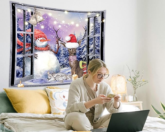 QGHOT Christmas Window Tapestry Wall Hanging Christmas Backdrop Winter Window Wall Decor Xmas Snowman Deer Tapestries for Bedroom Living Room Dorm Holiday Party Decoration