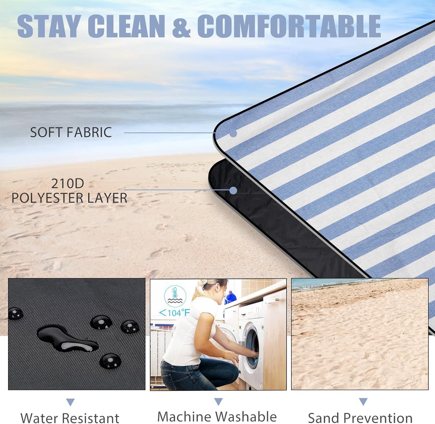 Picnic Outdoor Blankets Waterproof Extra Large - Beach Mat Sand Free Foldable with Carry Strap | Portable Camping Blanket | Park Blanket for Grass , Hiking, Travel, Concerts, Indoor (Cerulean Blue)