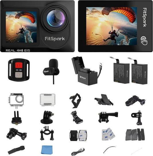 Eagle i15 ProMax Real 4k30FPS 20MP WiFi Action Camera Touch Screen EIS Stabilization Dual Screens Underwater Waterproof Sports Camera, 2 Batteries, Dock, External Microphone, Accessories Kit