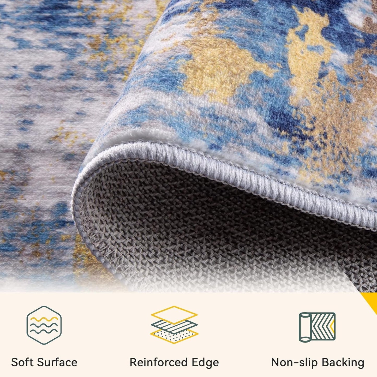 Washable Area Rugs 9'x12' Non-Slip Modern Abstract Soft for Living Room Entryway Bedroom Nursery, Print Pattern, Grey Blue Gold/Golden
