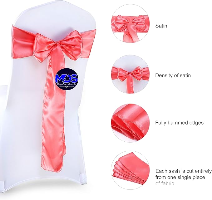 MDS Pack of 10 PCS Satin Chair Sashes Charmeuse Sateen Dining Chair Bows Ribbon Ties Back Sash for Wedding Party Birthday Home Hotel Restaurant Banquet Decoration (7 x 108 Inch, Coral)