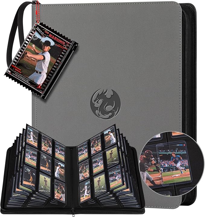9-Pocket Toploader Binder, Baseball Football Sports Game Cards for 3"x4" Rigid Toploaders Trading Card Collection Album Holds 288 Cards Waterproof Storage Book Easy to Insert（Grey)