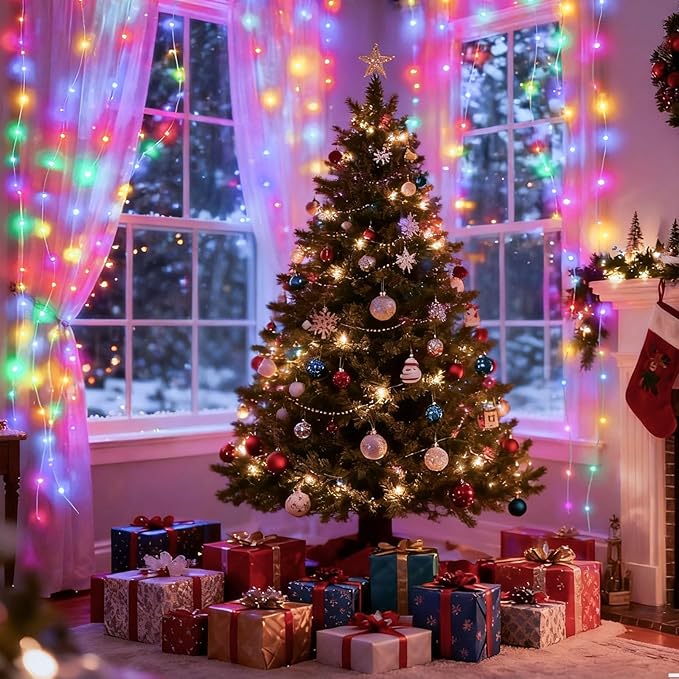 DomeStar 300 LED Fairy Curtain Lights, 9.8ft x 9.8ft Battery Operated with 8 Modes Remote Christmas Waterproof String Hanging Lights for Bedroom Patio Garden Party Wedding Wall Decor (Multicolor)
