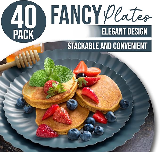 Trendables Scalloped Paper Plates 8.5 Inch & 10.5 Inch 40 Pcs Dinner Plate Set Fancy Disposable Plates for Party for 20 Guests 20 X 8 & 20 X 10 Large & Small Paper Plate Set for Parties Slate Blue