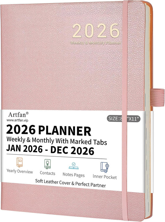 2026 Planner - JAN 2026 - DEC 2026, Planners 2026, Planner Weekly and Monthly, Leather Cover Calendar Planers with Thick Paper, Back Pocket with Notes Pages, Pink (8.5" x 11")