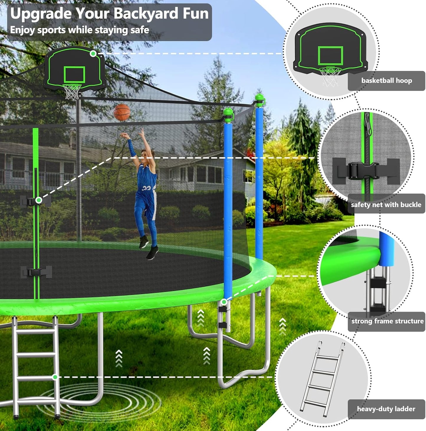 Upgraded 10/12/14/15/16FT Trampoline Outdoor, Large Kids Trampoline with Light, Stakes, Sprinkler, Backyard Trampoline with Basketball Hoop and Net, Capacity for 4-6 Kids and Adults