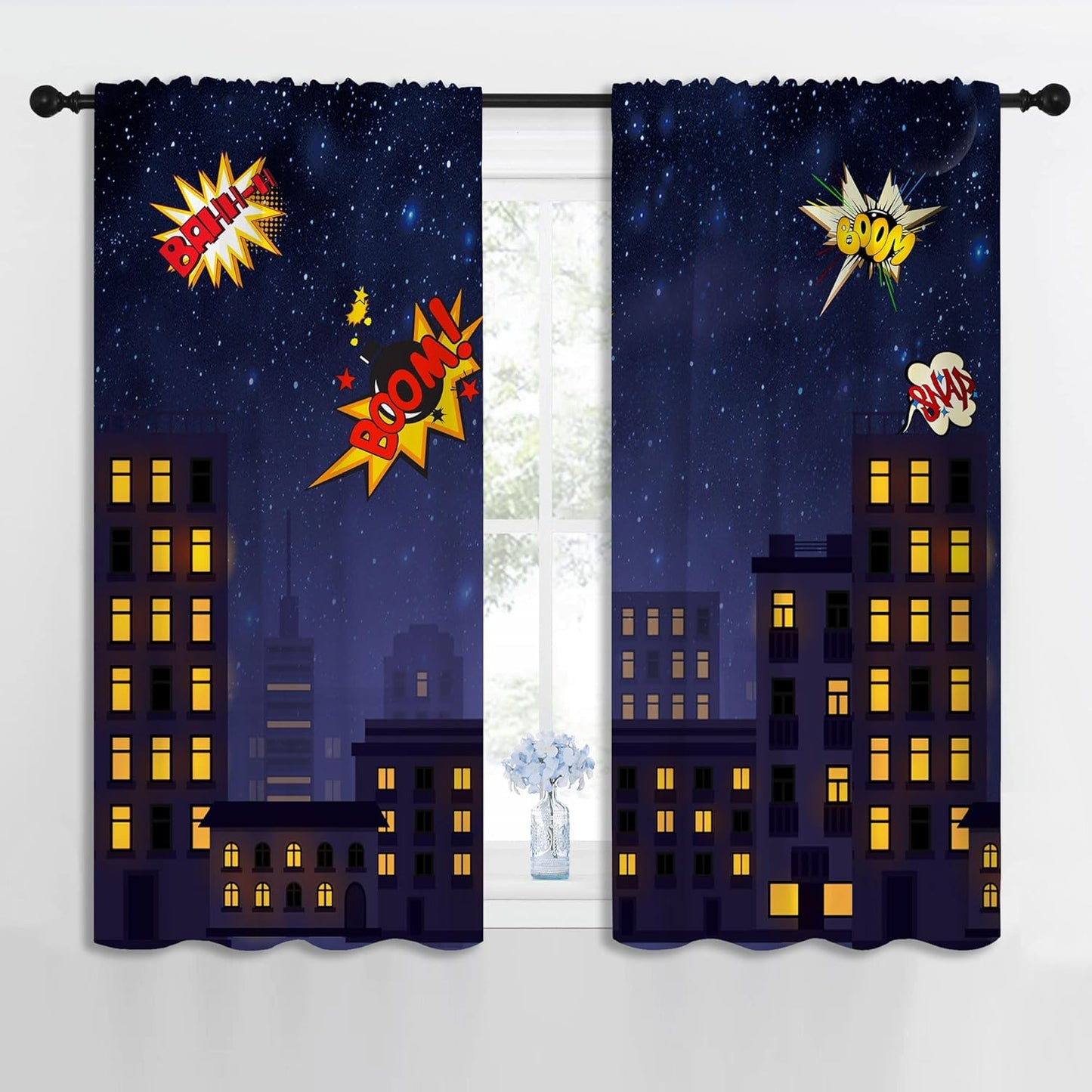 Super Hero Rod Pocket Blackout Curtains for Boy Girl Bedroom, Exploding City Starry Cartoon Skyline Home Energy Efficient Light Filtering Window Curtain for Living Room, 42x63 inch