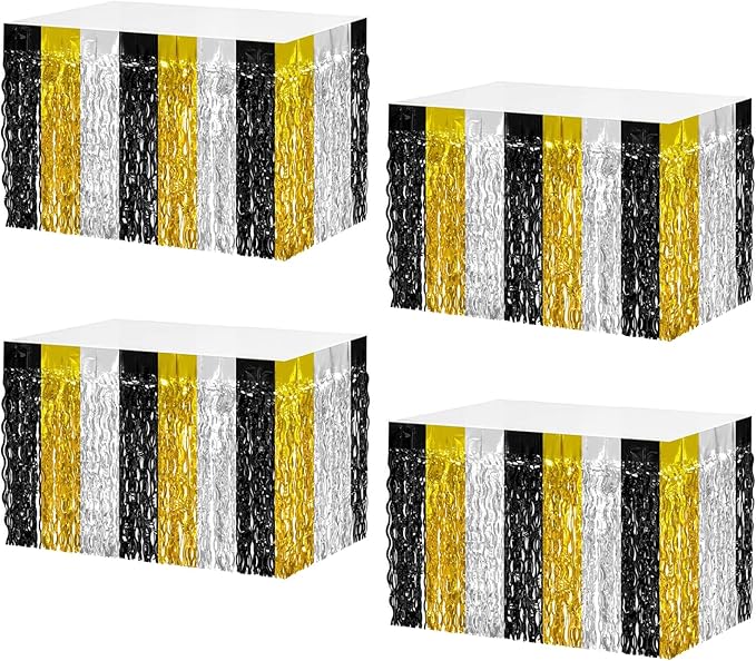 4P Wavy Metallic Tinsel Foil Fringe Table Skirts for Rectangle Tables Backdrop Garland Curtains for Parade Floats Wedding Birthday Parties Decoration Graduation 2025 Christmas (Black Gold Silver)