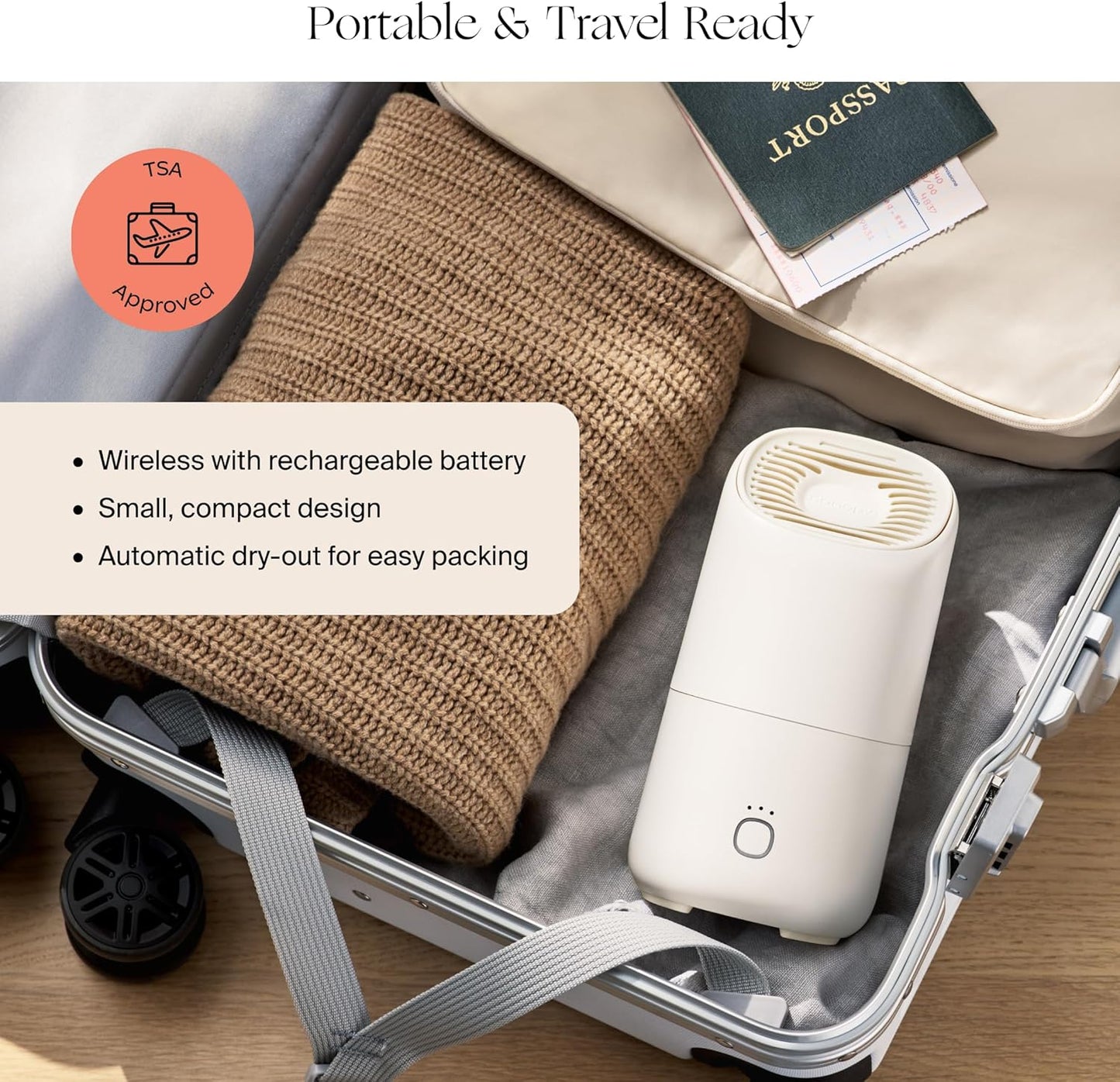 Canopy Portable Misting Humidifier - Cordless 11 HR Run Time, 500 mL, TSA Approved Travel Humidifier - Alleviate Symptoms of Allergies, Flu, Cold, Dry Skin - Includes Aroma & Adapter - Cream