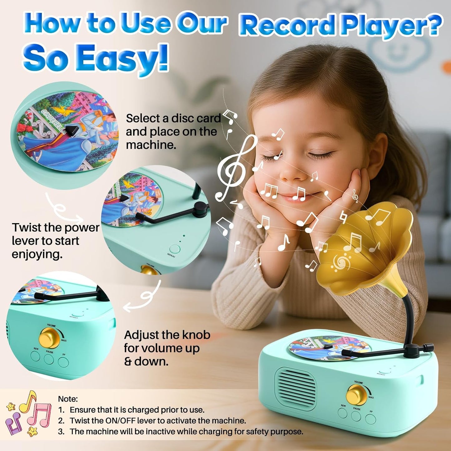 Kids Phonograph Toddler Record Player， with 96 Learning Cards, Early Education Machine Record Player Music Box Storyteller pop Speakers, Gift for Boys and Girls