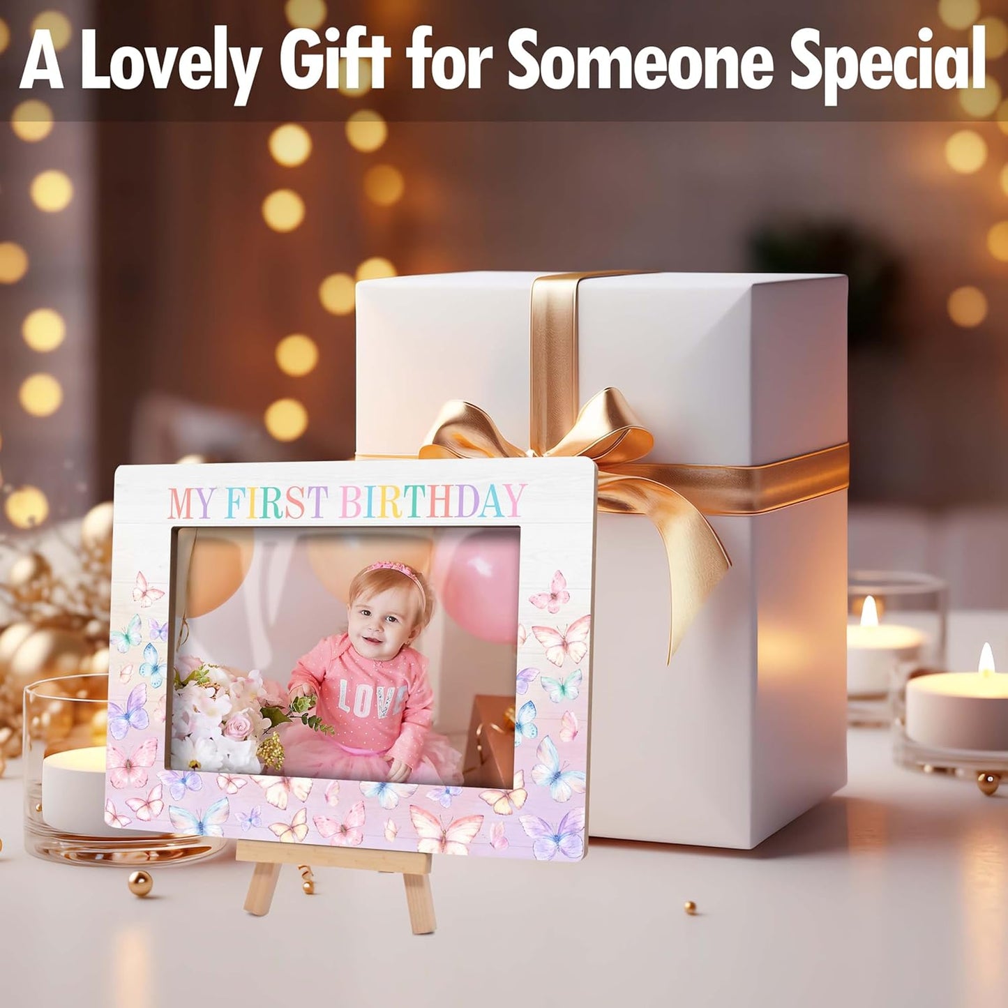 My 1st Birthday Picture Frames, Rainbow Butterfly Wooden 4x6 Photo Frame with Easel, Baby First Year Birthday Gifts for Home Office Tabletop Display Decorations - G06