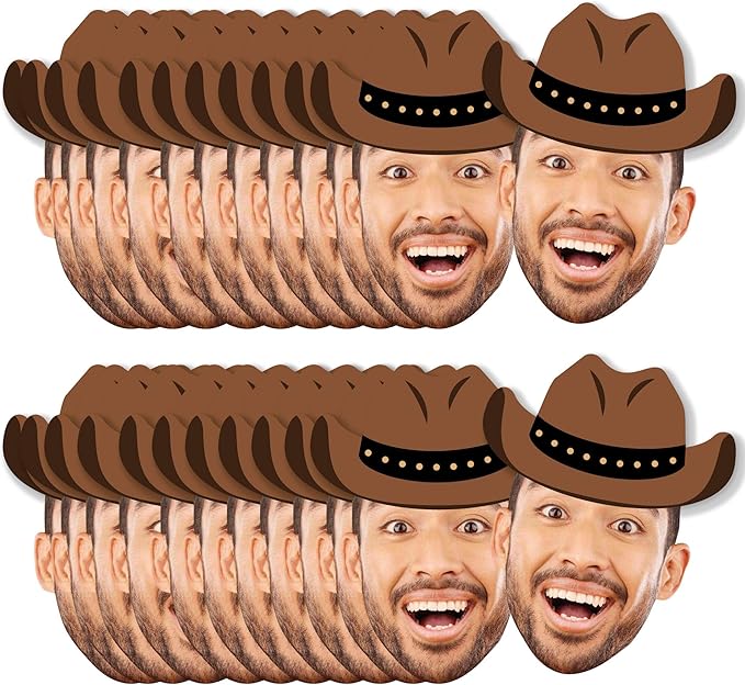 Big Dot of Happiness Custom Photo Western Hoedown - Wild West Cowboy Hat Personalized Rodeo Party DIY Shaped Fun Face Cut-Outs - 24 Count