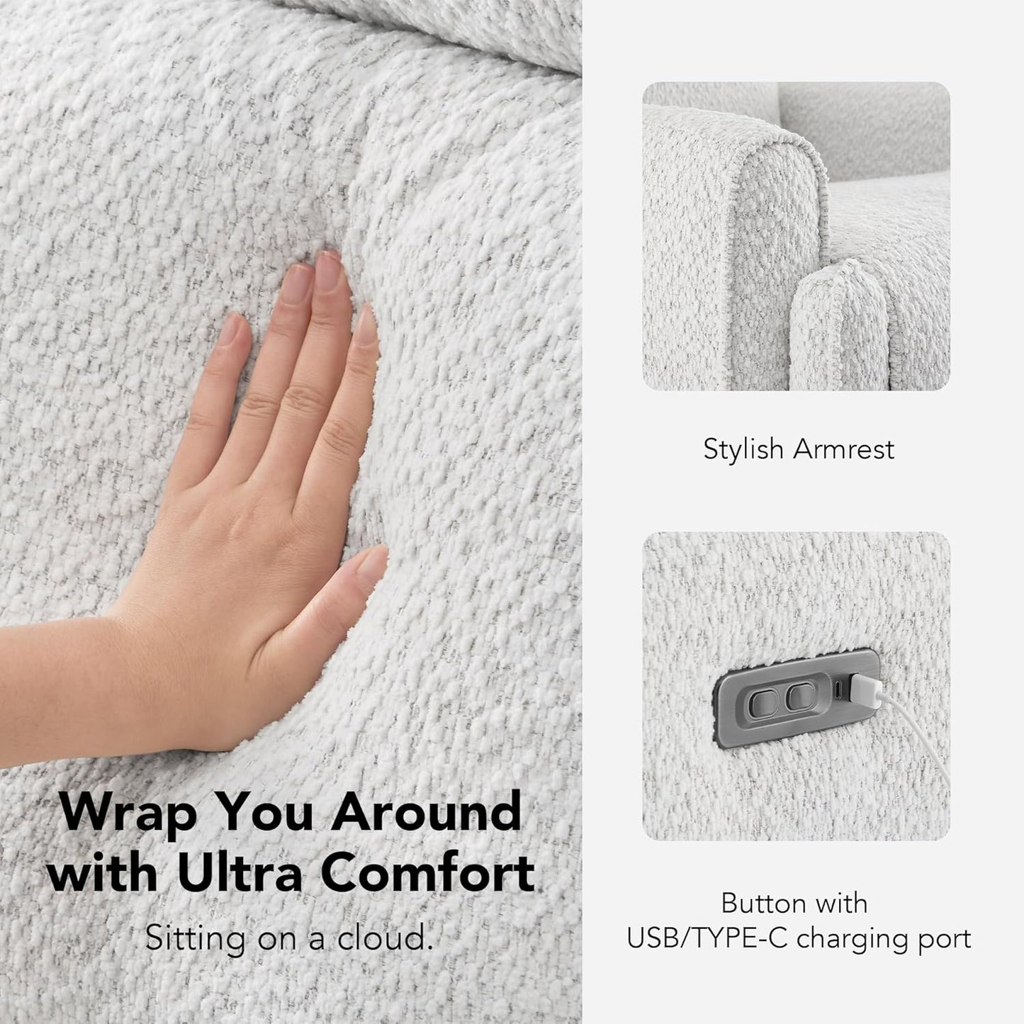 CHITA Electronic Power Recliner Chair Swivel Glider, FSC Certified Modern Nursery Rocking Chair with USB and Type-C Ports, Boucle White