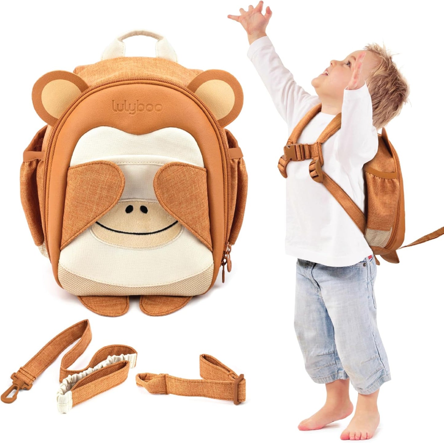 Toddler Harness Backpack Leash - Baby Walking Harness & Anti-Lost Wrist Tether - Kids Backpack 5 Storage Pockets and 2 Adjustable Child Leashes for Kids 1, 2,3,4,5,6,7 Years Old - Ultra-Soft - Monkey