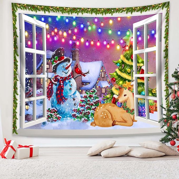 QGHOT Christmas Window Tapestry Wall Hanging, Christmas Backdrop Winter Window Wall Decor Xmas Snowman Deer Tapestries for Bedroom Living Room Dorm Holiday Party Decoration