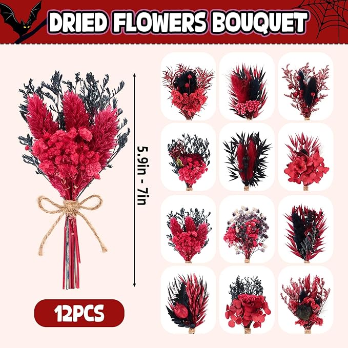 12/24 PCS Charming Dried Flowers Bouquet for Vase Various Dried Wildflowers with Stems Mini Handmade Wildflowers Natural Real Flowers Bulk Flowers Craft (Black and Red, 12PCS)
