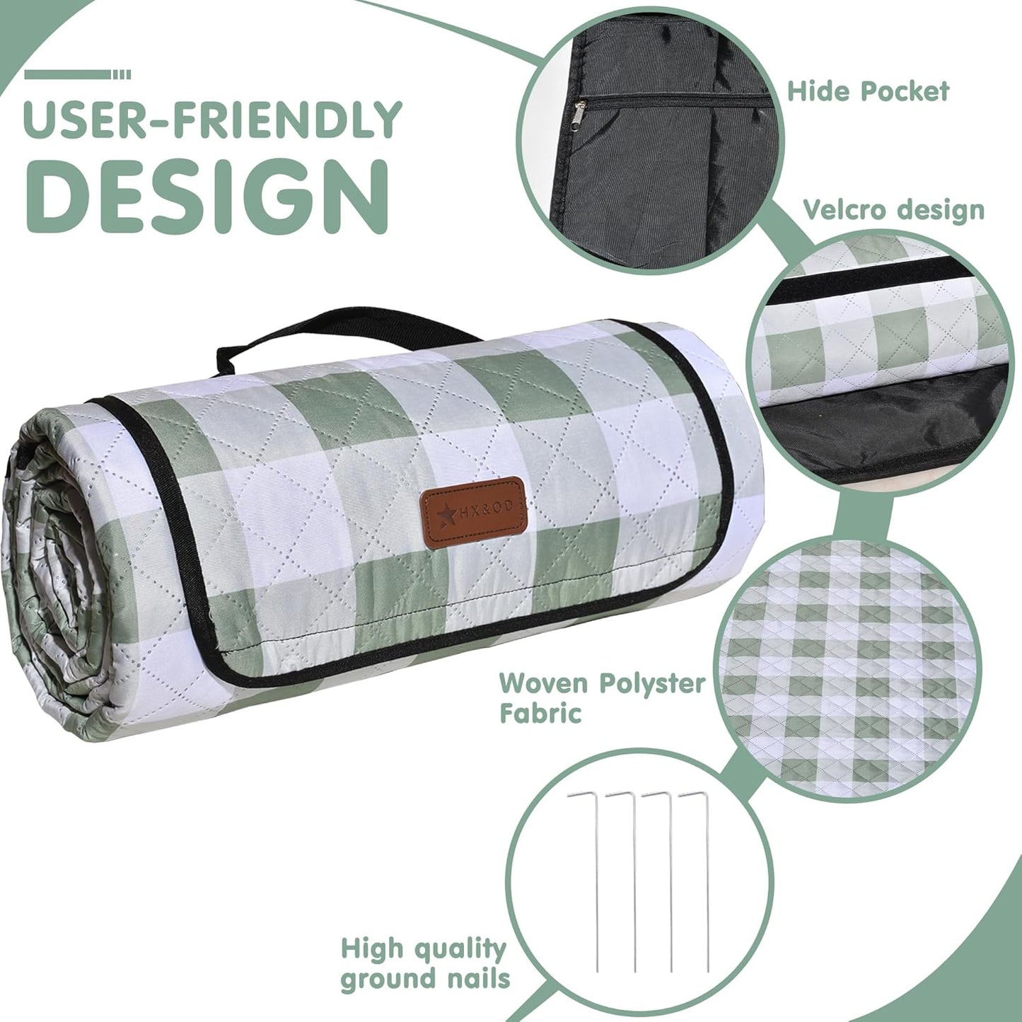 HX&OD Outdoor Picnic Blanket, Extra Large, 80''x60'' Waterproof Foldable Blankets Gingham Picnic Mat for Beach, Camping Grass Lawn Park Accessories Cute Couple Ideas Wedding (Green, 80”x60”)