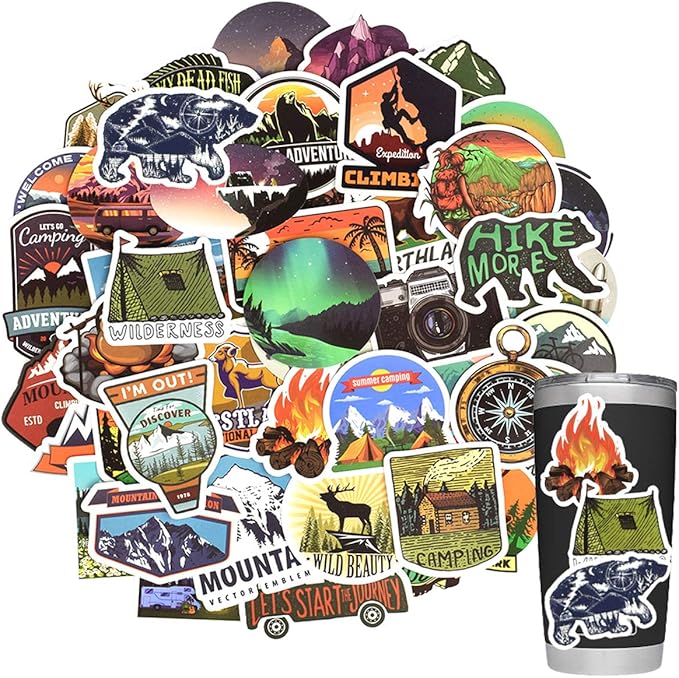 Stickers for Water Bottles Outdoor, Nature Stickers Camping Stickers Adventure Stickers for Yeti Stickers for Cooler Stickers and Decals Waterproof Vinyl Stickers for Teens Boys Kids,Girls 50Pcs