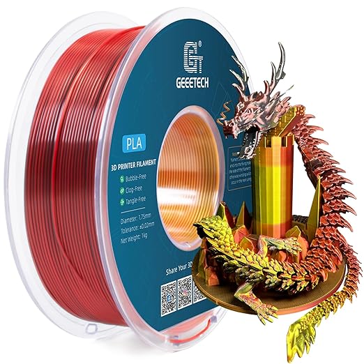 Geeetech Silk PLA Tri Color Filament 1.75mm 3D Printer Filament, Coextrusion Red Gold Black Tri-Colors Metal-Like Shiny Silk PLA Filament, 1kg (2.2lbs) 1 Spool, Dimensional Accuracy +/- 0.02 mm