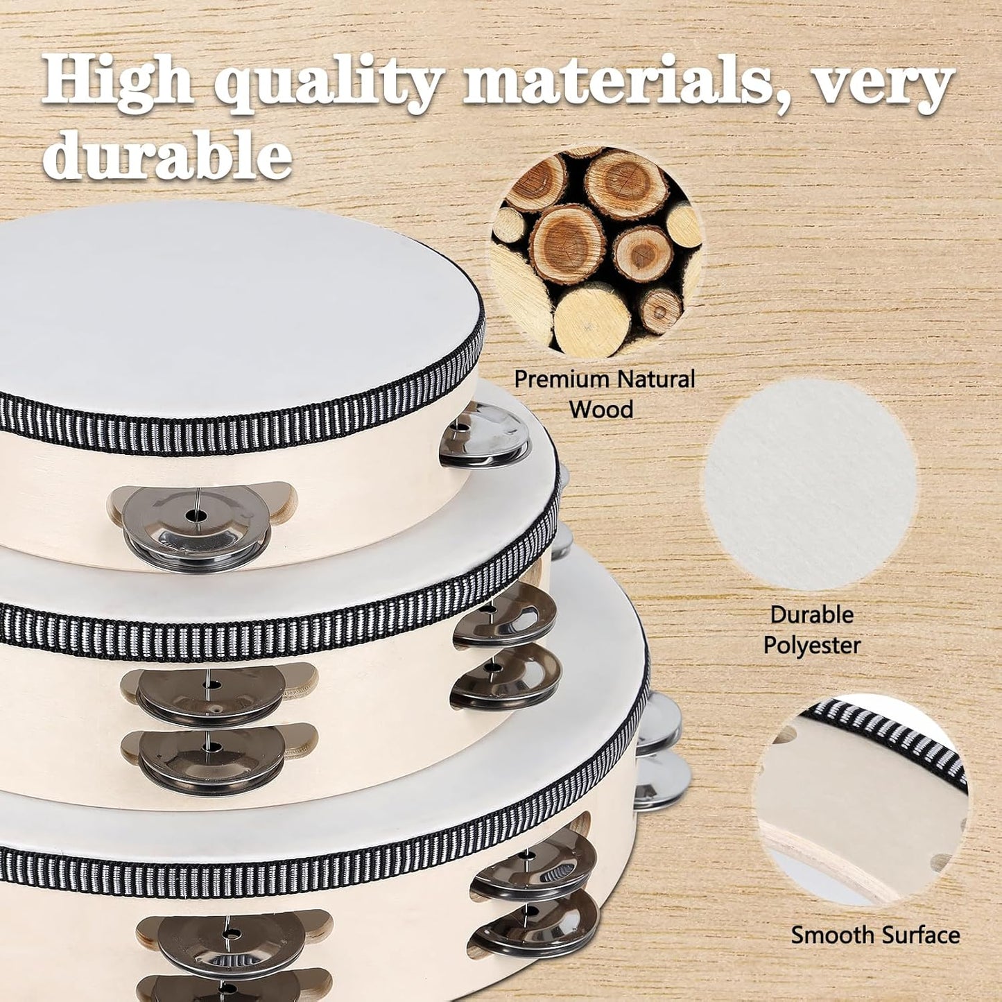 Wooden Hand Held Percussion Tambourine with Storage Bag - 6+8+10 Inches, Ideal for Church, Wedding, Party, Dance, Photo Shoot