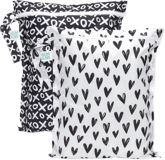Bumkins - Waterproof Wet Bag - For Baby, Travel, Swim Suit, Cloth Diapers, Pump Parts, Pool, Gym, Toiletry, Strap to Stroller - Reusable & Easy to Clean - 2pk - Hearts & XOXO