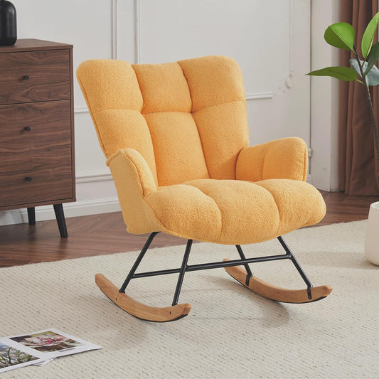 Rocking Chair Nursery Teddy Upholstered Glider Rocker Rocking Accent Chair Padded Seat with High Backrest Armchair Comfy Side Chair for Living Room Bedroom Offices (Yellow Teddy)