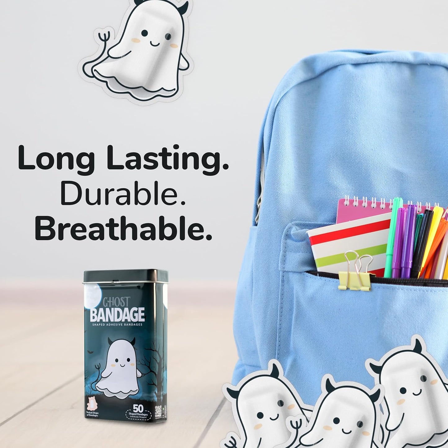 BioSwiss Bandages, Halloween Ghost Shaped Self Adhesive Bandage, Latex Free Sterile Wound Care, Fun First Aid Kit Supplies for Kids, 50 Count