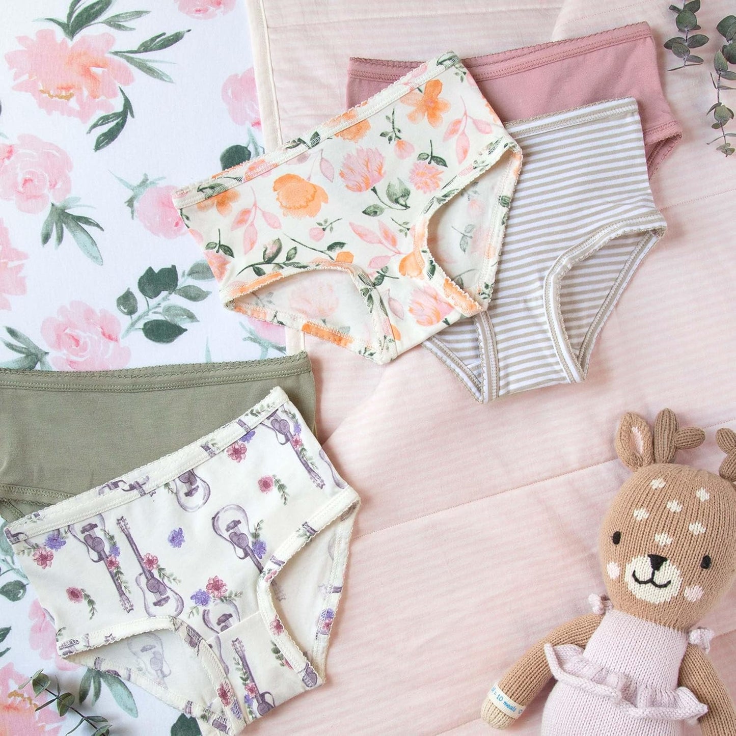 Burt's Bees Baby Toddler Girls' Underwear Set of 5 - Solids, Stripes,Prints, Tag-Free with Sizes for 2T to 8 Years Old