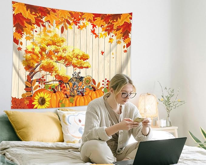 QGHOT Fall Tapestry Wall Hanging Autumn Photo Backdrop Rustic Orange Wood Tapestry Tree Maple Leaf Pumpkin Nature Landscape Country Tapestries for Bedroom Room Thanksgiving Decor (90.6"x70.9")
