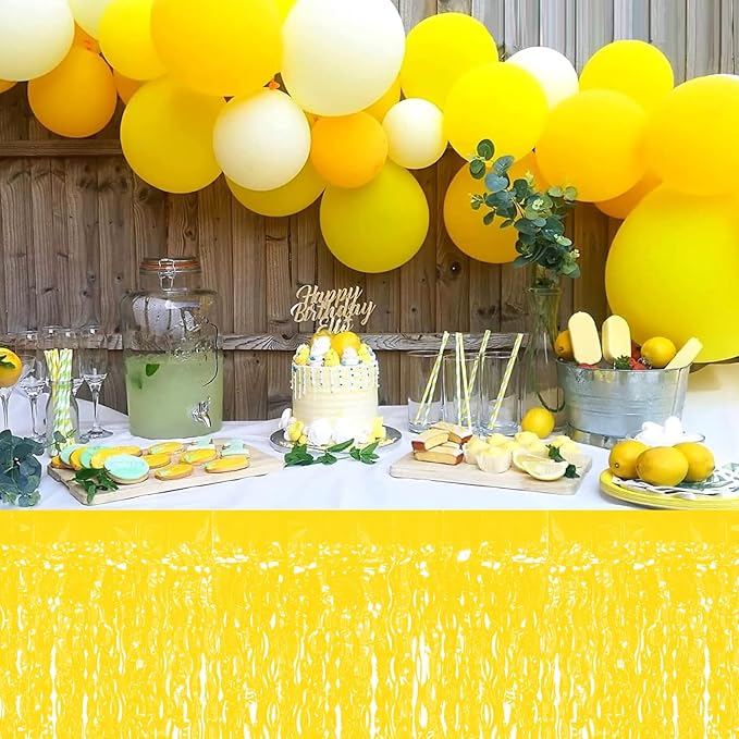 4P Wavy Metallic Tinsel Foil Fringe Table Skirts for Rectangle Tables Backdrop Garland Curtains for Parade Floats Wedding Birthday Parties Decoration Graduation 2025 Christmas (Makaron Yellow)