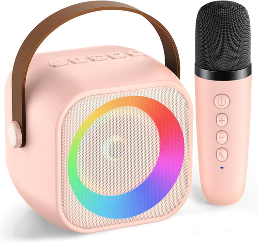 Mini Karaoke Machine for Kids Adults, Portable Bluetooth Speaker with Wireless Microphone, for Girls 4,5,6,7,8,9,10,12 Year Old Karaoke Toys Birthday Gifts Home Party (Pinkcolor 1 Mic)