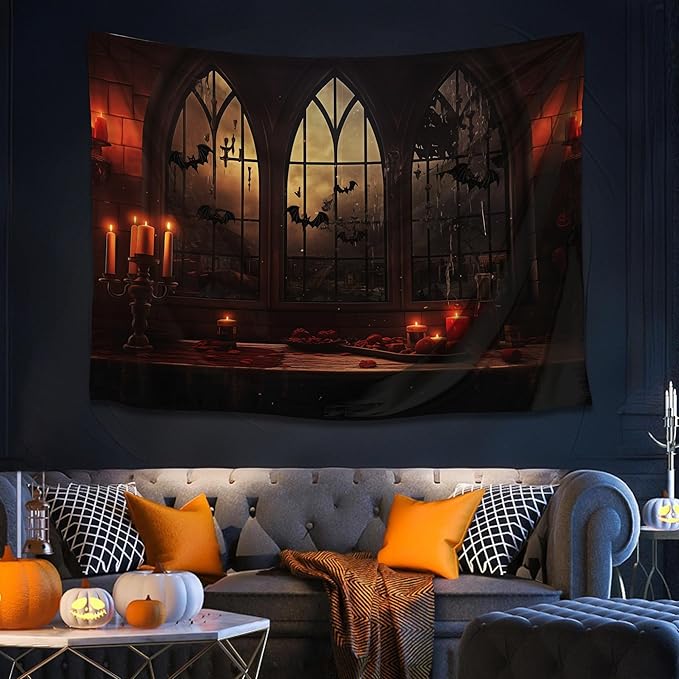 QGHOT Halloween Tapestry Wall Hanging Horror Castle Window Tapestry Gothic Spooky Backdrop Vampire Medieval Tapestries for Bedroom Living Room Dorm Wall Art Decor (78.7"x59.1")