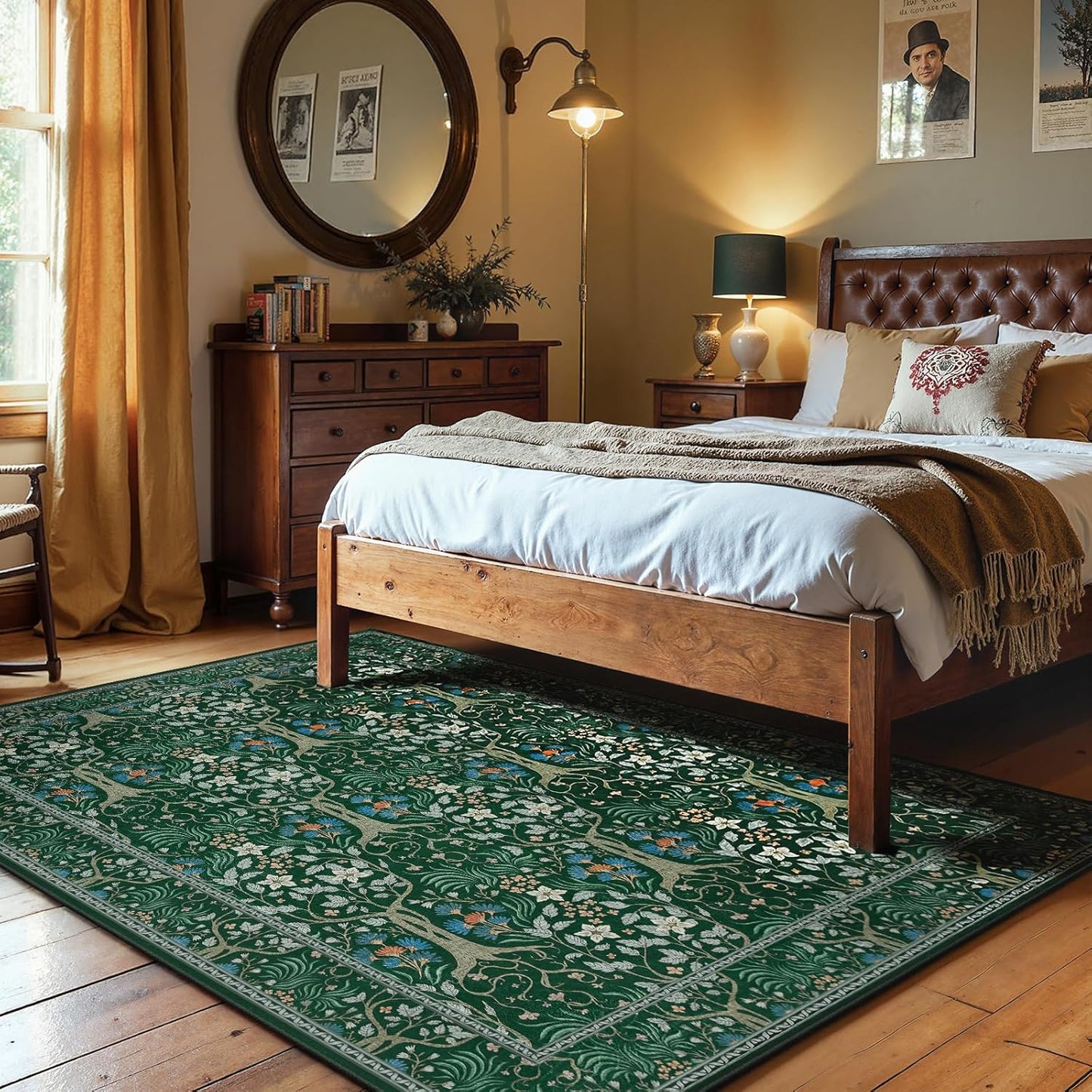 Joydeco Floral 5x7 Area Rugs for Living Room, Boho Dark Green Washable Rug Non Slip, Soft Low-Pile Botanical Forest Indoor Floor Throw Carpet for Office Dining Table Playroom Dorm