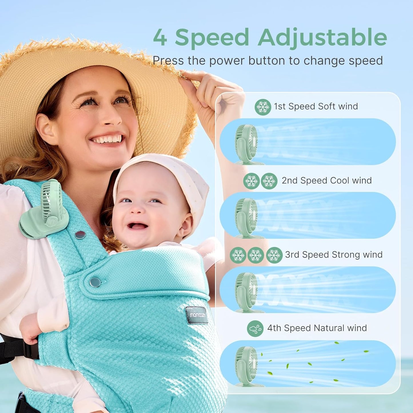 Momcozy Portable Fan with Clip | 4-Speed Mini-Fan for Carrier | Personal Fans Ultra Lighter 0.26lb | Gaps ≤4.5mm | Handheld Cooling | Rechargeable Rotate for Diaper Backpack/Stroller/Carrier/Chair