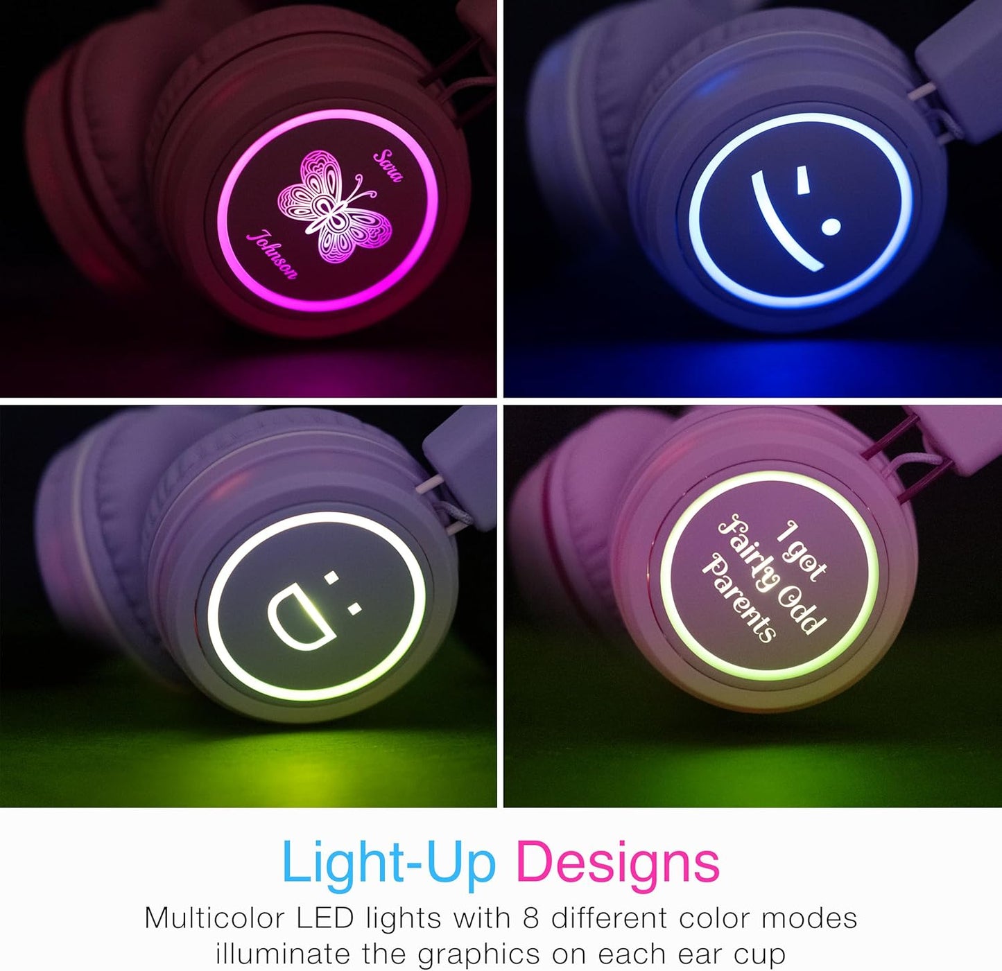 MEE audio KidJamz KJ55BT Personalized Bluetooth Wireless Safe Listening Headphones for Kids w/Custom LED-Backlit Design, Volume Limiter, Mic; Kids Headset for School/iPhone/iPad/Tablet (Lavender)