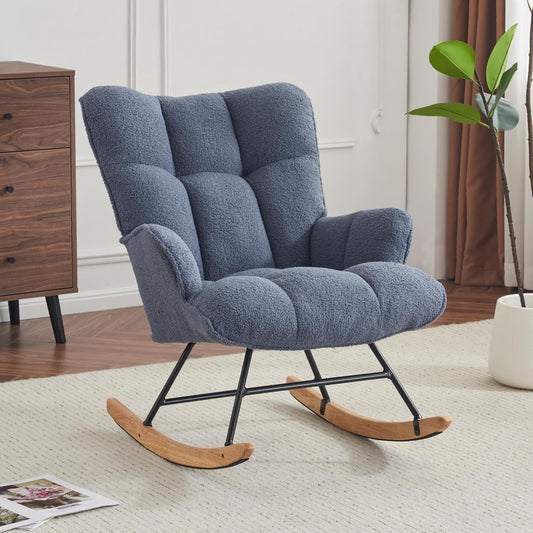 Rocking Chair Nursery Teddy Upholstered Glider Rocker Rocking Accent Chair Padded Seat with High Backrest Armchair Comfy Side Chair for Living Room Bedroom Offices (Steelblue Teddy)