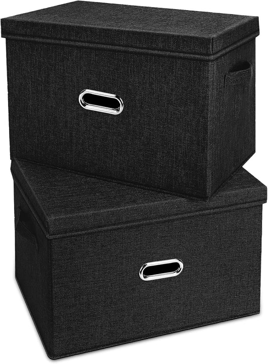 Large Linen Fabric Foldable Storage Bins with Removable Lid and Handles, Washable Storage Box Organizer Containers Baskets Cube with Cover for Bedroom,Office(Black, XXL(2-Pack))