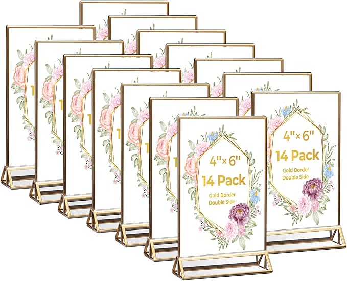 14 Pack Acrylic Sign Holder 4x6 Gold Frames, Wedding Table Number Holders Double Sided Vertical Clear Display Stand, Picture Holders for Tables, Menus, Flyers, Party and Office Decor