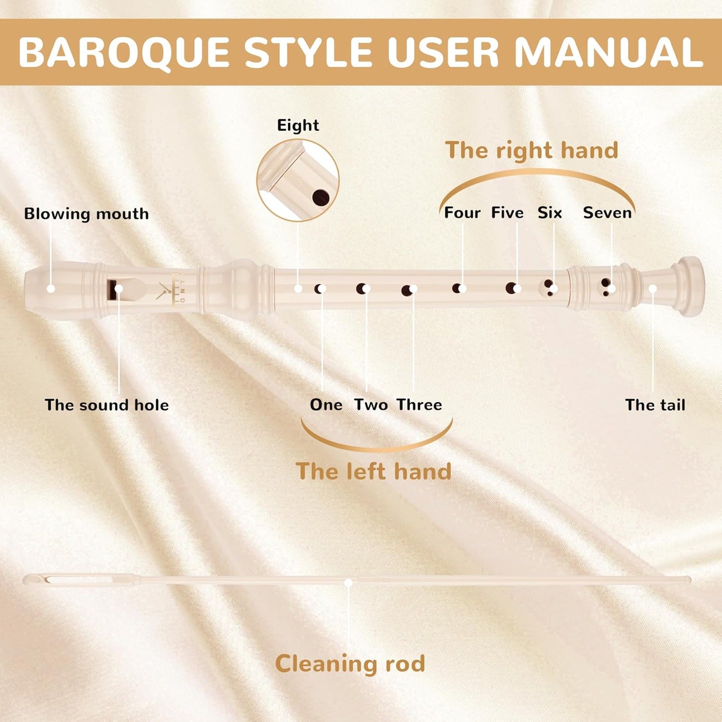 Soprano Recorder 8-Hole Instrument for Kids Beginners, Baroque Style C Key Kids Flute with Cleaning Rod & Case Bag for School Education Home Entertainment - Beige