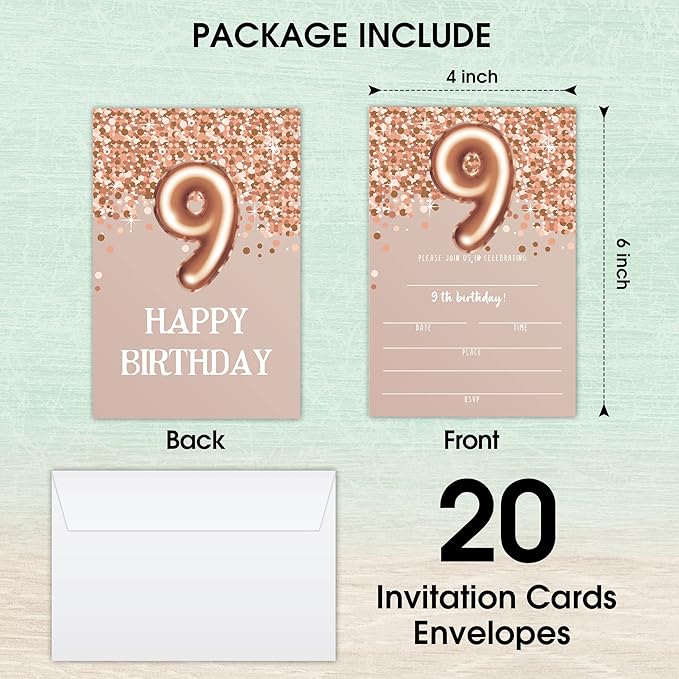 9th Birthday Invitation Cards, Rose Gold Glitter 9th Birthday Party Invites, Kids Happy Birthday Party Decorations Supplies, 20 Fill-in Cards with Envelopes for Boys or Girls Party Celebration - C01