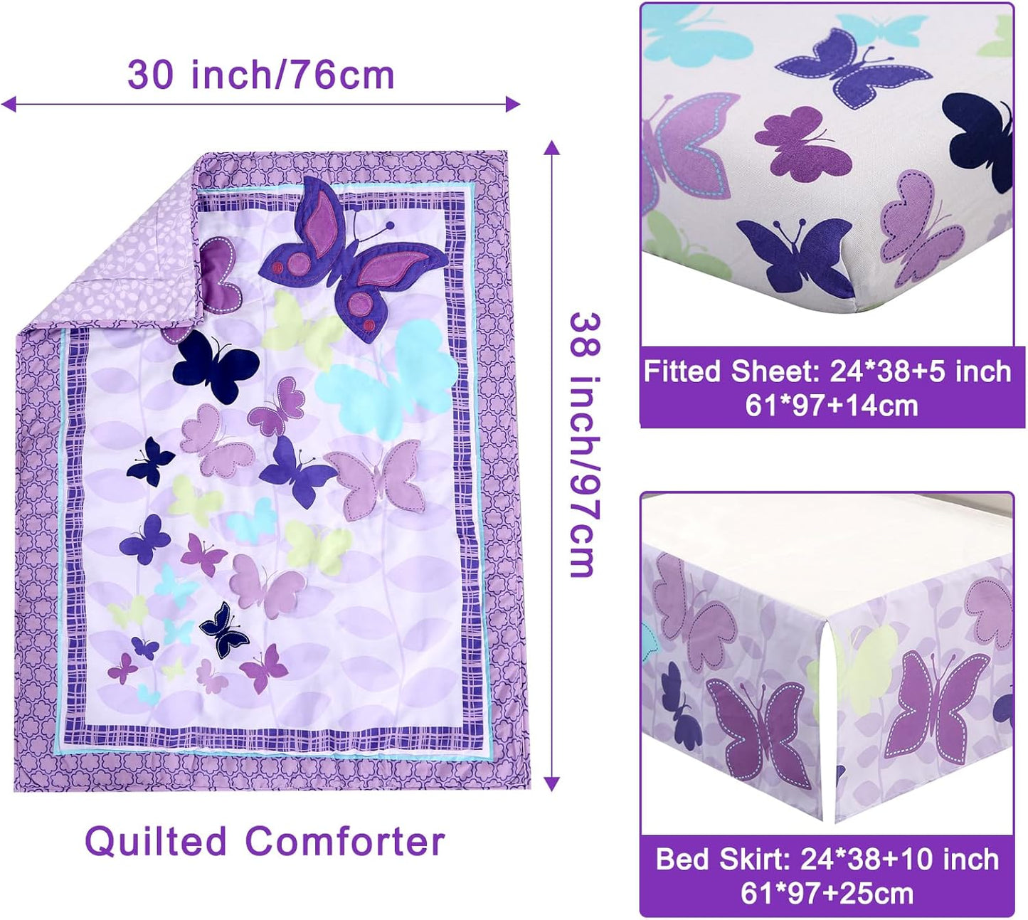 Wowelife Butterfly Mini Crib Bedding Set, 3 Piece Baby Bedding Set Butterfly, Mini Crib Nursery Bed Set, Breathable and Soft with Sheet Sets for Baby Girl, Purple