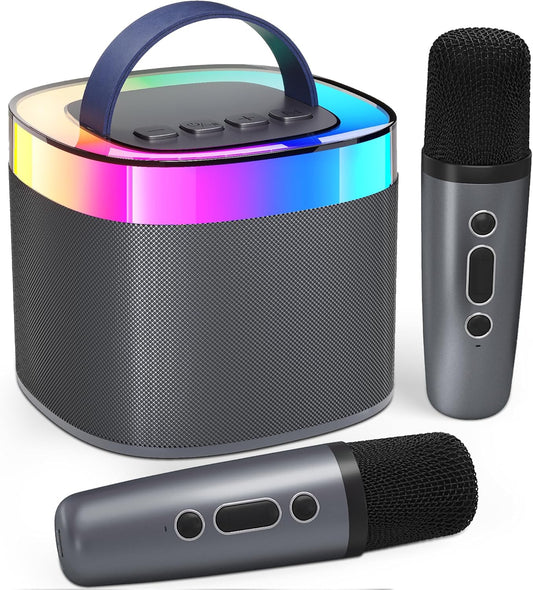YLL Karaoke Machine for Adults Kids, Portable Bluetooth Karokee Speaker with 2 Wireless Microphones, Singing Karaoke Machine Built-in LED Lights for Birthday Gifts, Family Home Party(Space Gray)