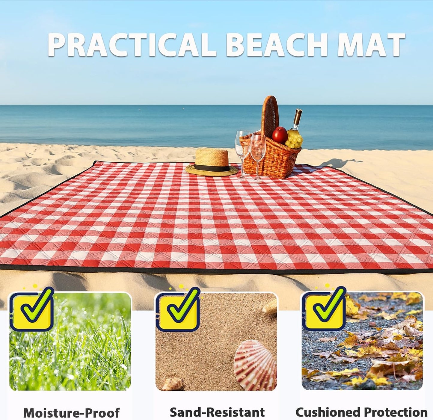 TigeJoy Extra Large Picnic Blanket Waterproof Foldable 80''x118'', Outdoor Picnic Mat Beach Blanket Sandproof for Park, Grass, Travel, Hiking, Camping Essentials, Gingham Picnic Blanket